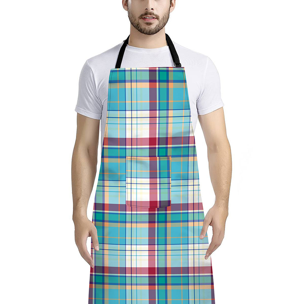 Blue And Red Madras Pattern Print Bib Apron With Pocket
