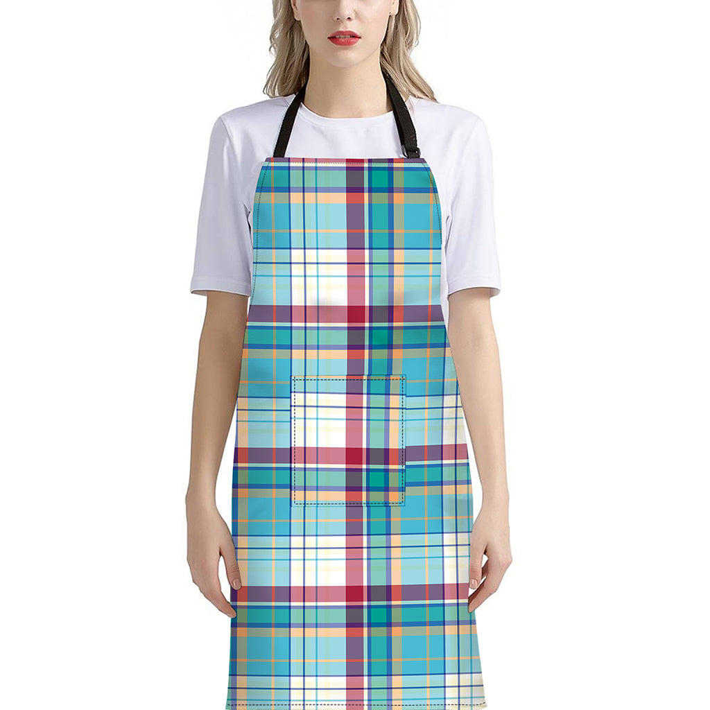 Blue And Red Madras Pattern Print Bib Apron With Pocket