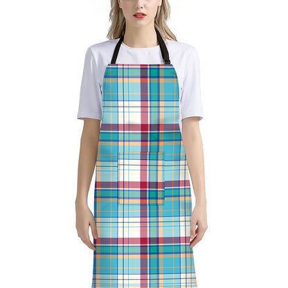 Blue And Red Madras Pattern Print Bib Apron With Pocket