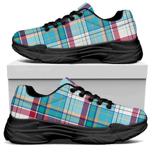 Blue And Red Madras Pattern Print Black Chunky Shoes