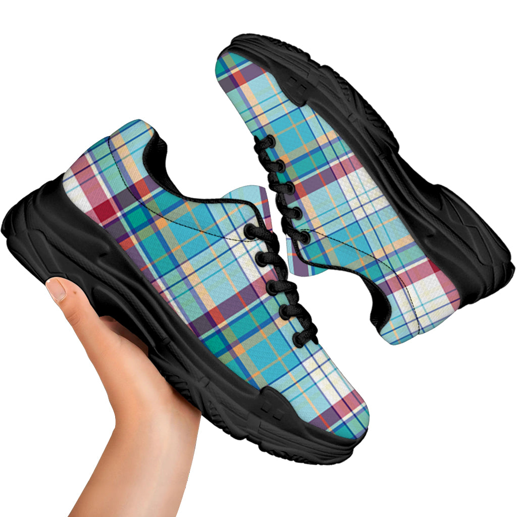 Blue And Red Madras Pattern Print Black Chunky Shoes