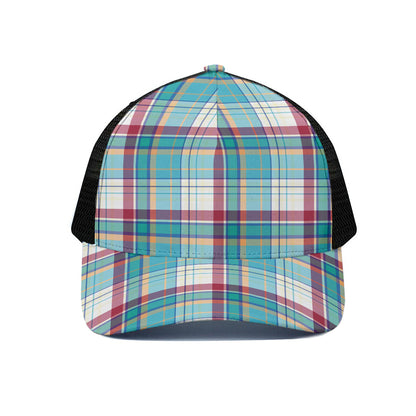 Blue And Red Madras Pattern Print Black Mesh Trucker Cap