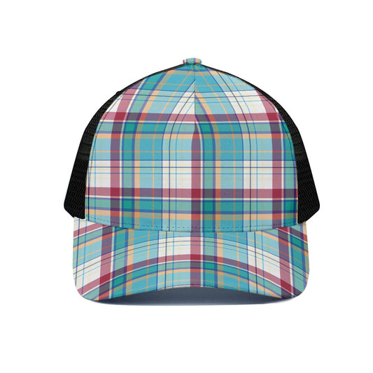 Blue And Red Madras Pattern Print Black Mesh Trucker Cap