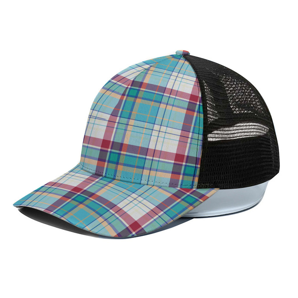 Blue And Red Madras Pattern Print Black Mesh Trucker Cap