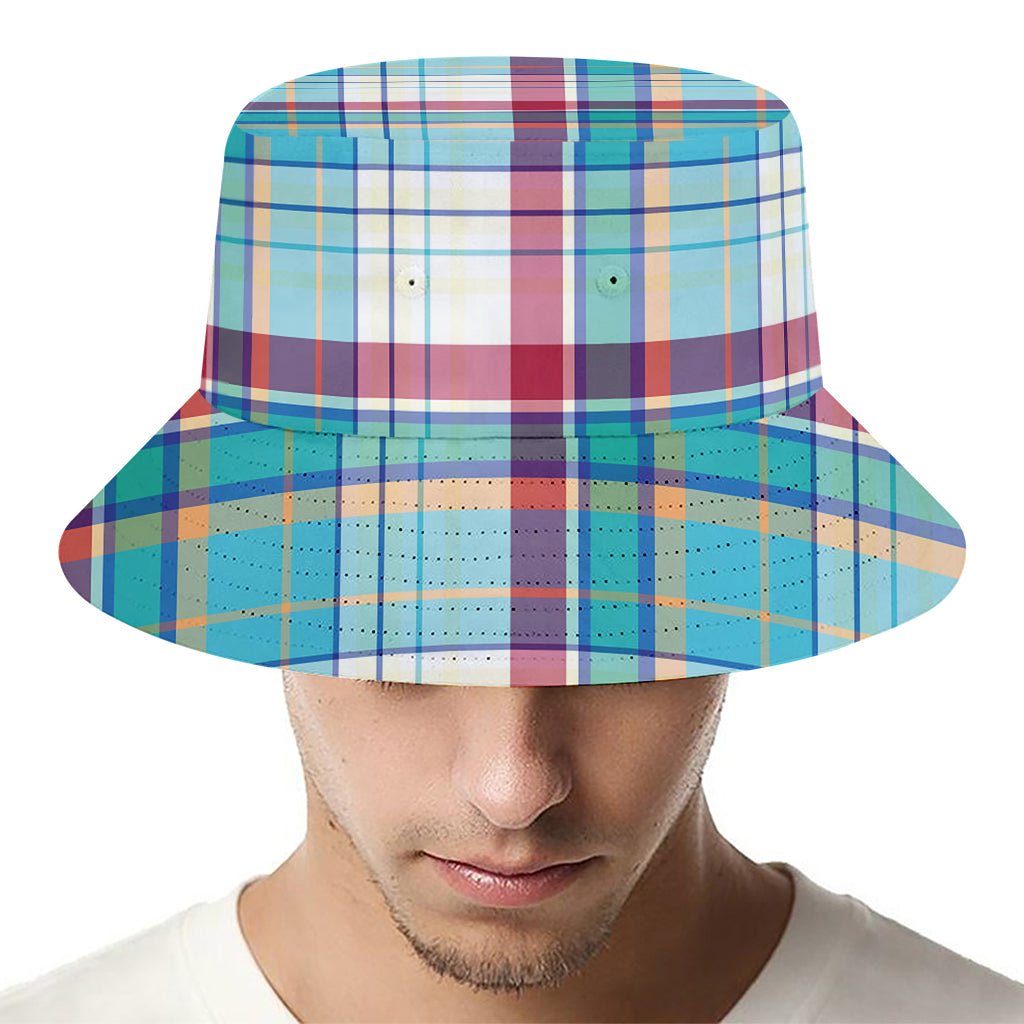 Blue And Red Madras Pattern Print Bucket Hat