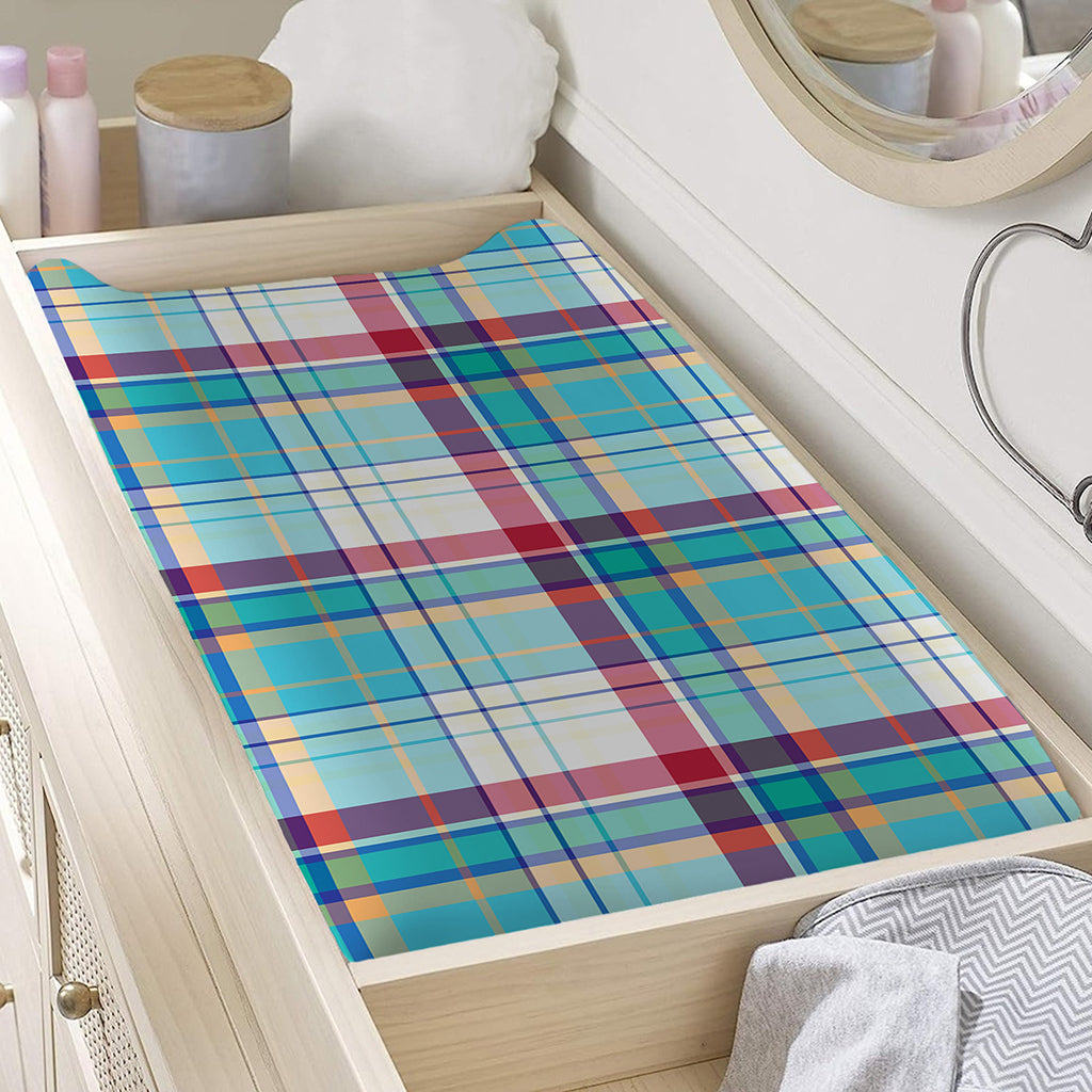 Blue And Red Madras Pattern Print Changing Pad Cover