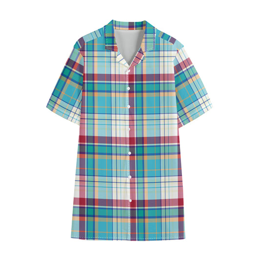 Blue And Red Madras Pattern Print Cotton Hawaiian Shirt