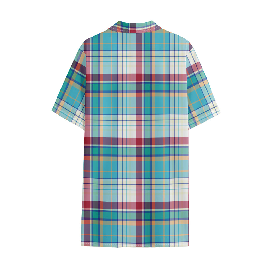 Blue And Red Madras Pattern Print Cotton Hawaiian Shirt