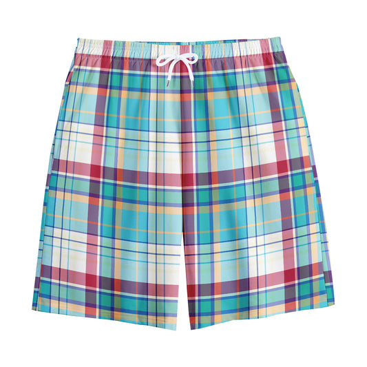 Blue And Red Madras Pattern Print Cotton Shorts