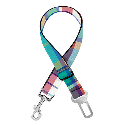 Blue And Red Madras Pattern Print Dog Seat Belt