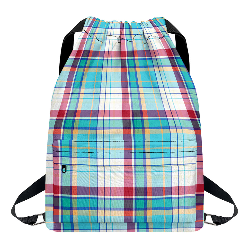 Blue And Red Madras Pattern Print Drawstring Backpack