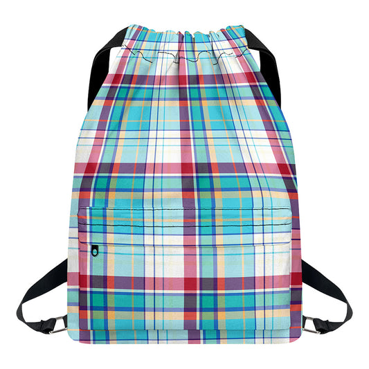 Blue And Red Madras Pattern Print Drawstring Backpack