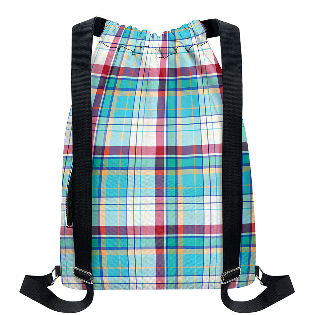 Blue And Red Madras Pattern Print Drawstring Backpack