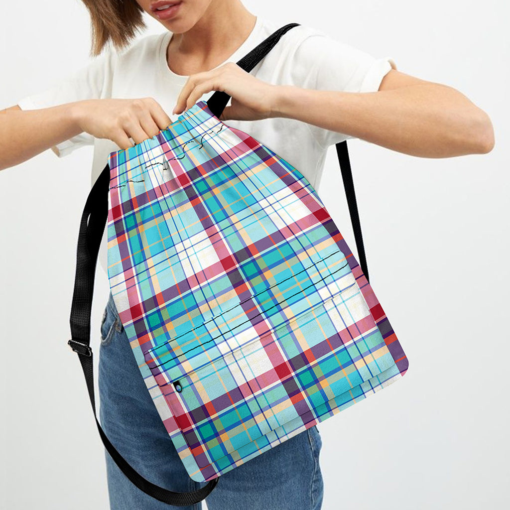 Blue And Red Madras Pattern Print Drawstring Backpack