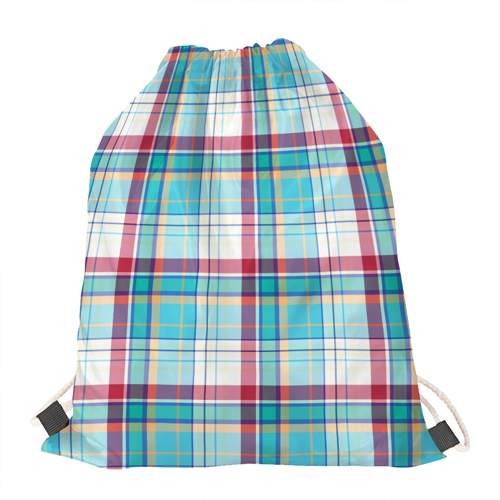 Blue And Red Madras Pattern Print Drawstring Bag
