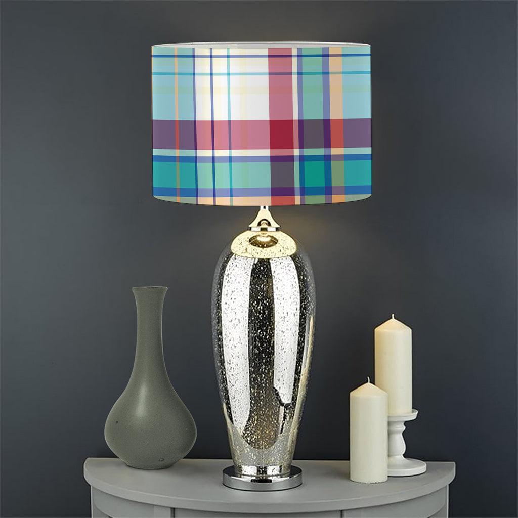 Blue And Red Madras Pattern Print Drum Lamp Shade