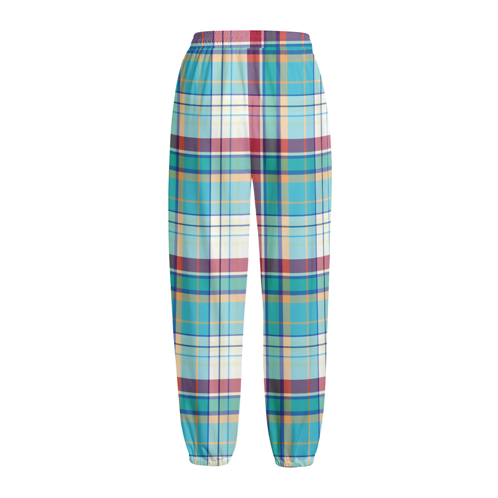 Blue And Red Madras Pattern Print Fleece Lined Knit Pants