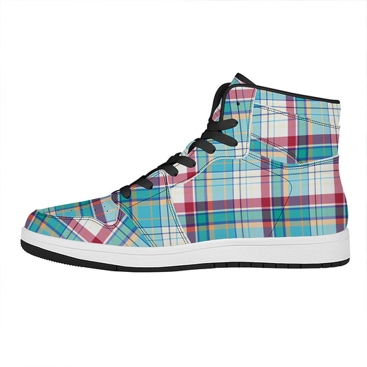 Blue And Red Madras Pattern Print High Top Leather Sneakers