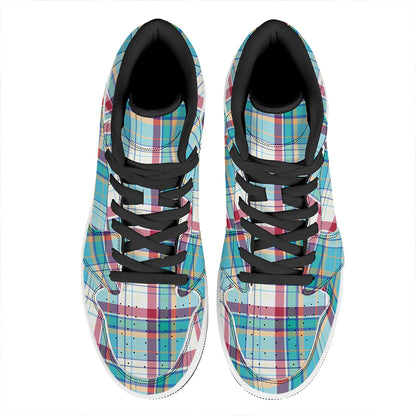 Blue And Red Madras Pattern Print High Top Leather Sneakers