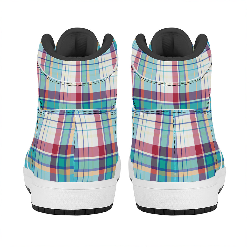 Blue And Red Madras Pattern Print High Top Leather Sneakers