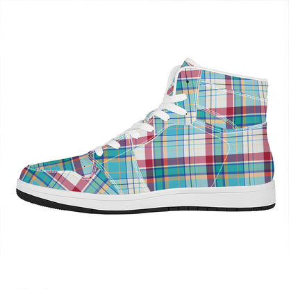 Blue And Red Madras Pattern Print High Top Leather Sneakers