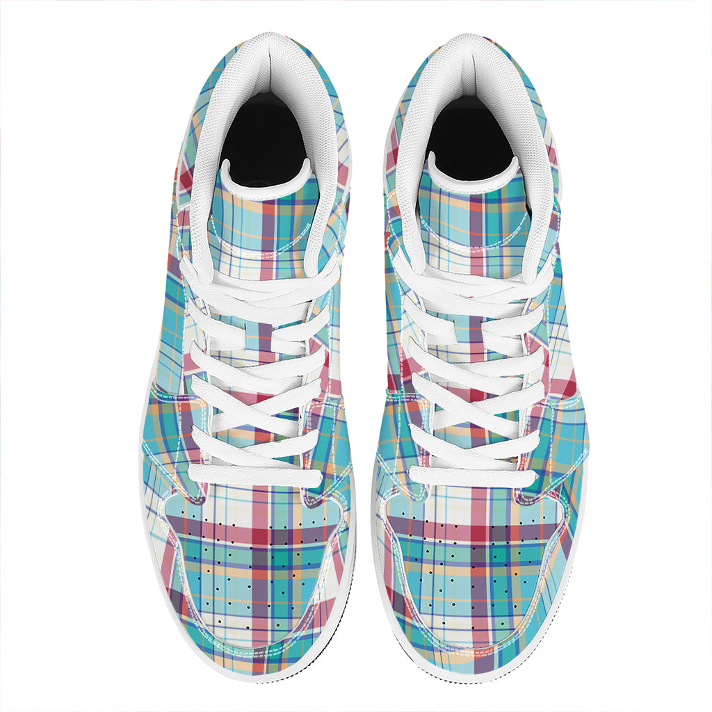 Blue And Red Madras Pattern Print High Top Leather Sneakers