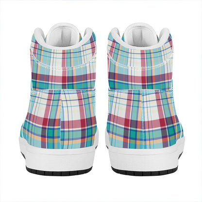 Blue And Red Madras Pattern Print High Top Leather Sneakers