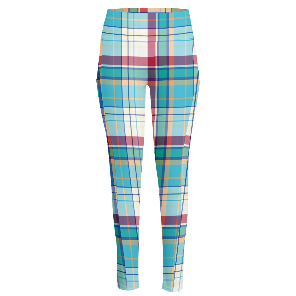 Blue And Red Madras Pattern Print High-Waisted Pocket Leggings