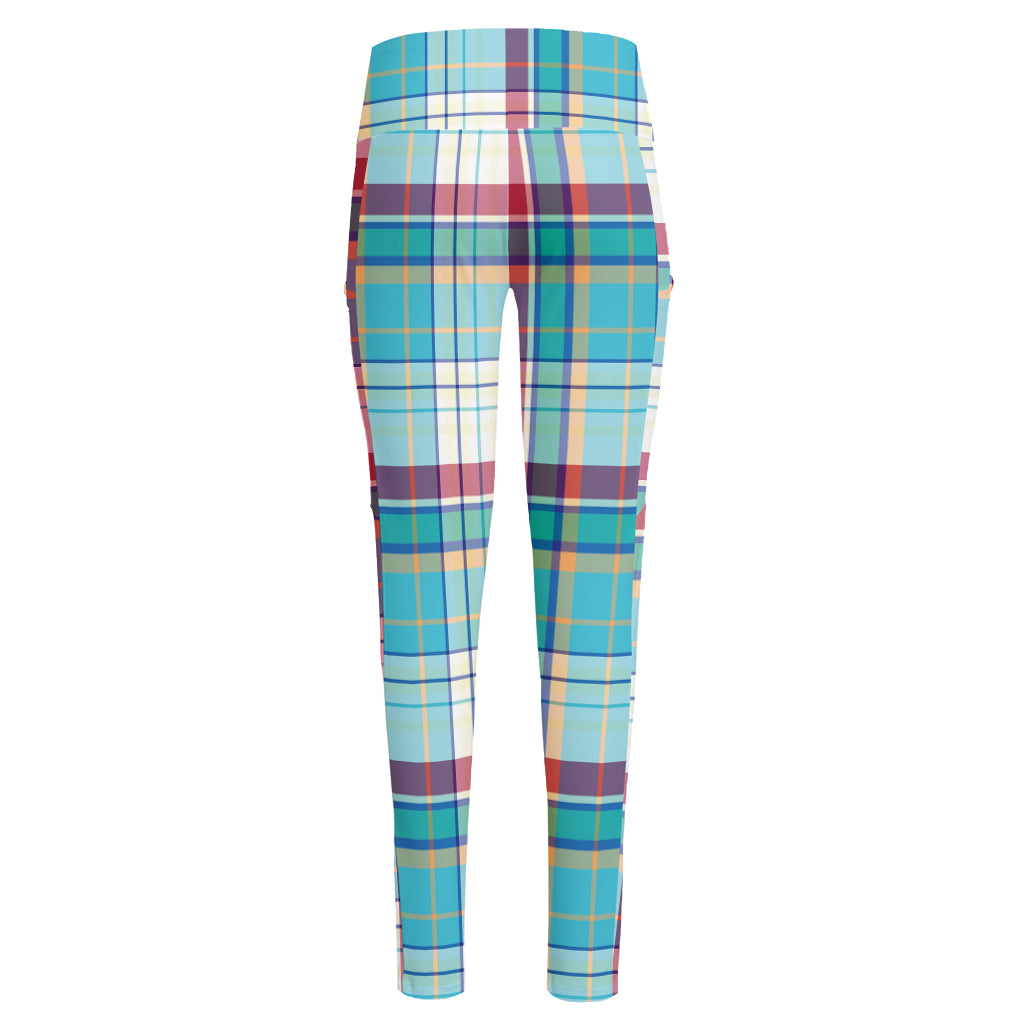 Blue And Red Madras Pattern Print High-Waisted Pocket Leggings