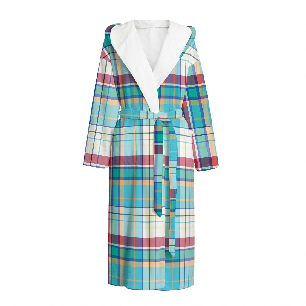 Blue And Red Madras Pattern Print Hooded Bathrobe