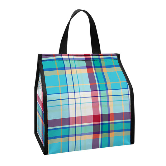 Blue And Red Madras Pattern Print Insulated Lunch Tote