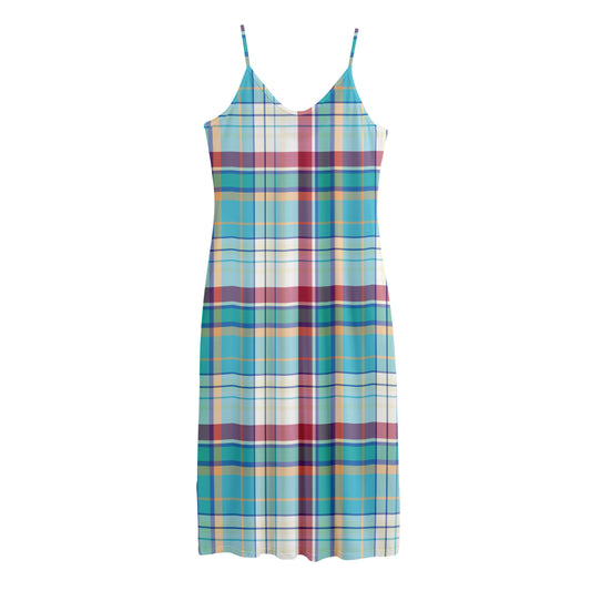 Blue And Red Madras Pattern Print Jersey Midi Cami Dress