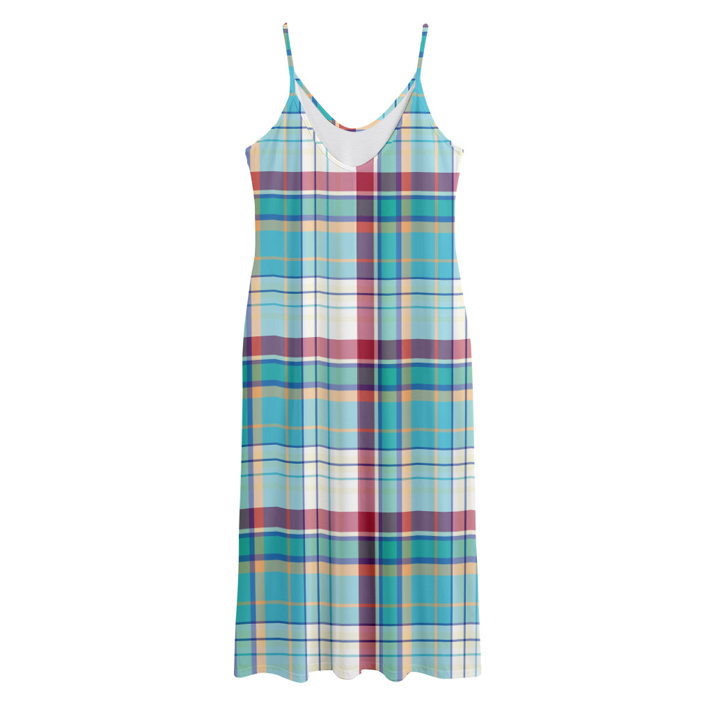 Blue And Red Madras Pattern Print Jersey Midi Cami Dress