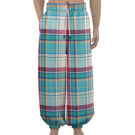 Blue And Red Madras Pattern Print Lantern Pants