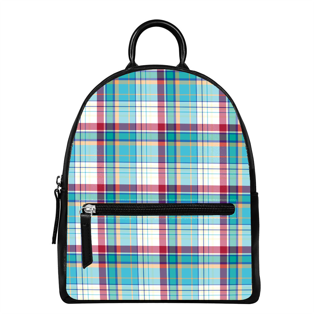 Blue And Red Madras Pattern Print Leather Backpack