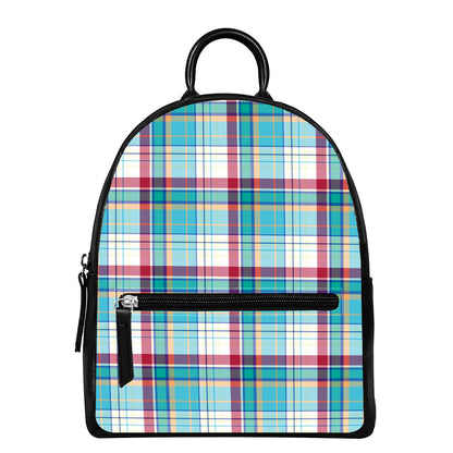 Blue And Red Madras Pattern Print Leather Backpack