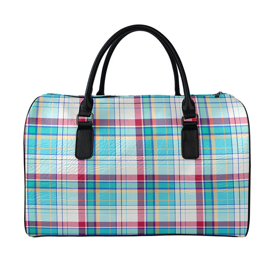 Blue And Red Madras Pattern Print Leather Duffle Bag