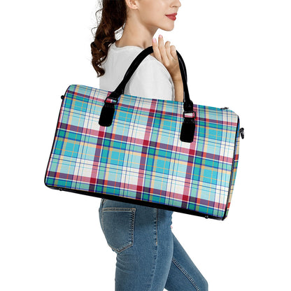Blue And Red Madras Pattern Print Leather Duffle Bag