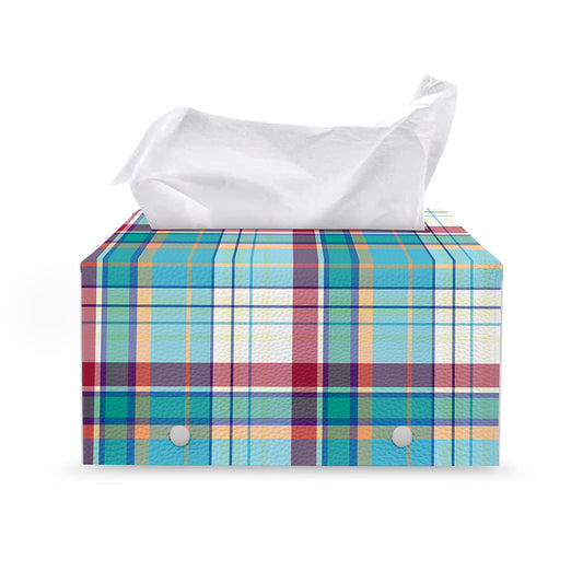 Blue And Red Madras Pattern Print Leather Tissue Box Cover