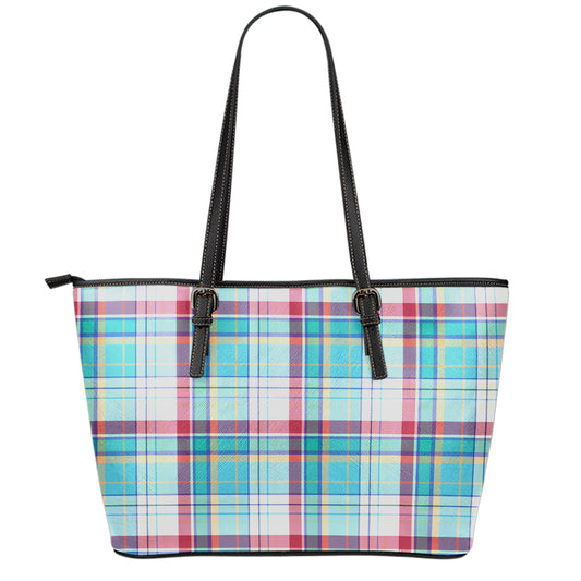 Blue And Red Madras Pattern Print Leather Tote Bag