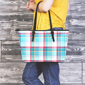 Blue And Red Madras Pattern Print Leather Tote Bag