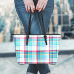 Blue And Red Madras Pattern Print Leather Tote Bag