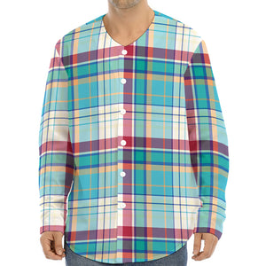 Blue And Red Madras Pattern Print Long Sleeve Baseball Jersey