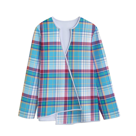 Blue And Red Madras Pattern Print Long Sleeve Short Coat