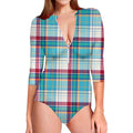 Blue And Red Madras Pattern Print Long Sleeve Swimsuit