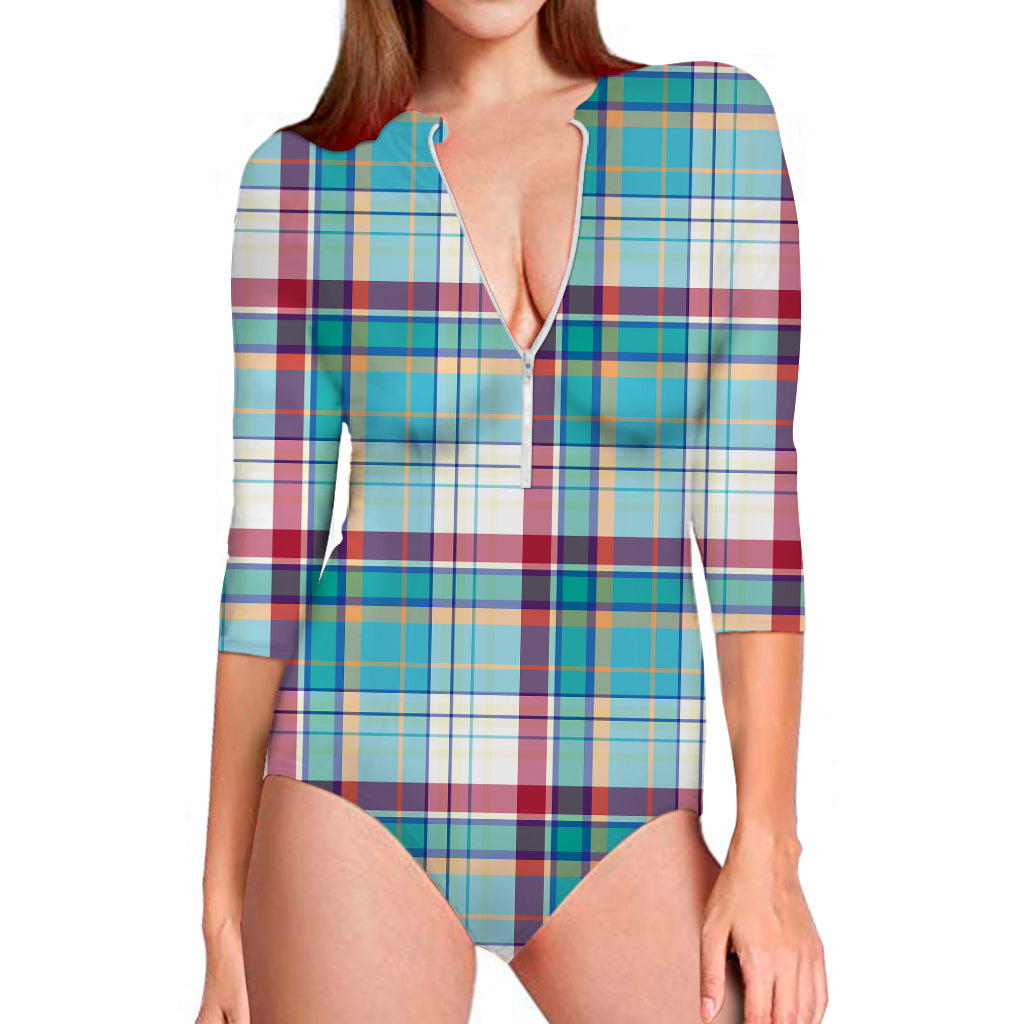 Blue And Red Madras Pattern Print Long Sleeve Swimsuit