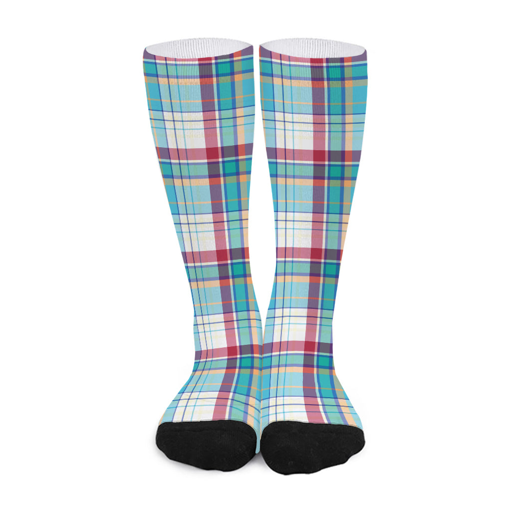 Blue And Red Madras Pattern Print Long Socks