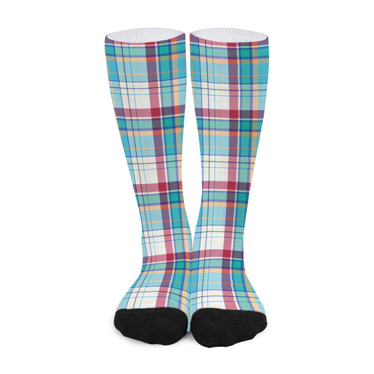 Blue And Red Madras Pattern Print Long Socks