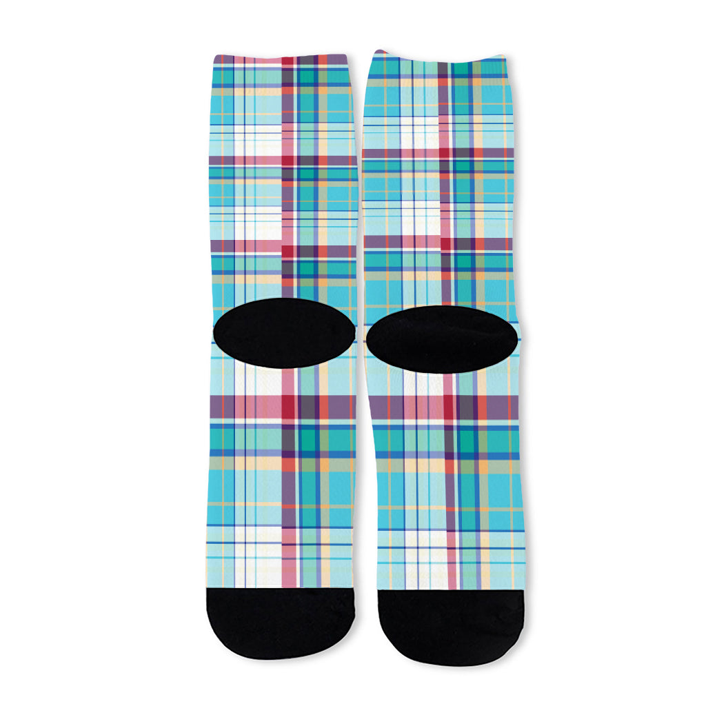 Blue And Red Madras Pattern Print Long Socks