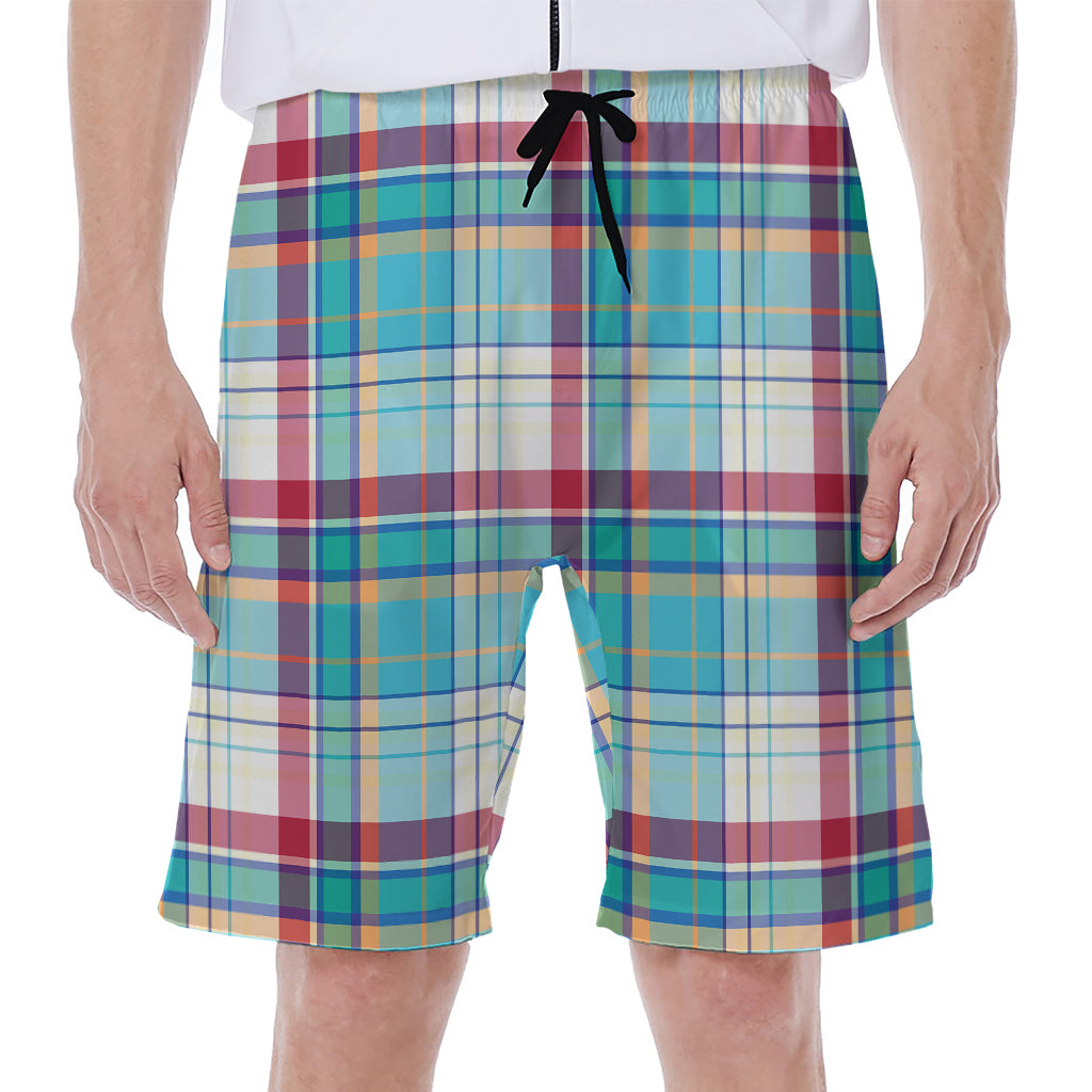 Blue And Red Madras Pattern Print Men's Beach Shorts